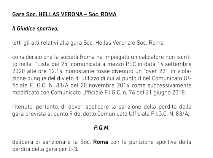Hellas Verona-Roma 3-0 a tavolino