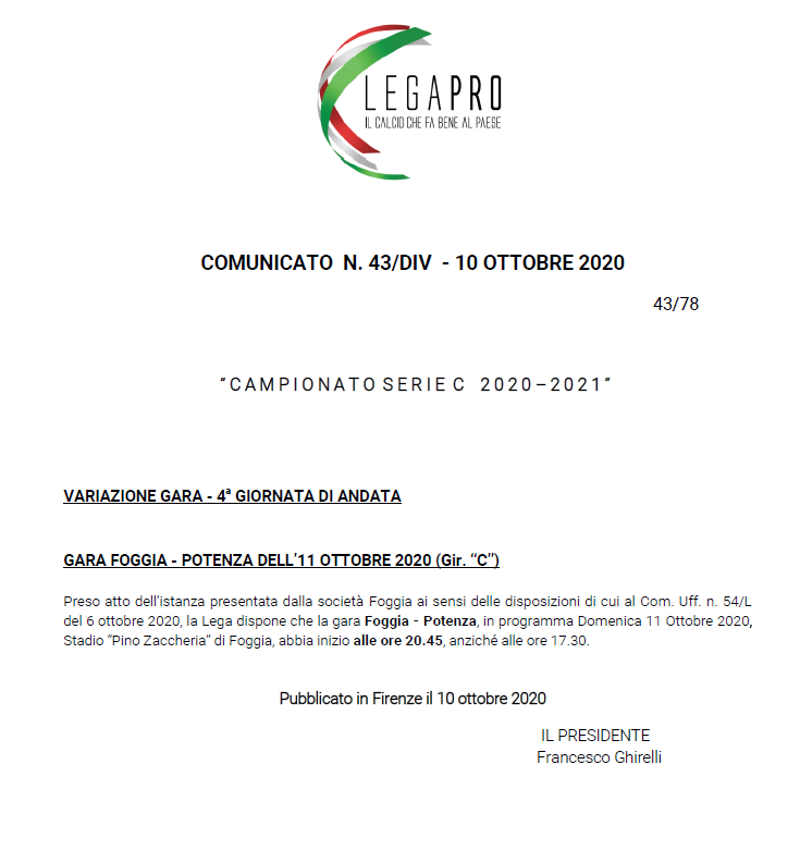 Documento Lega Pro cambio orario Foggia-Potenza