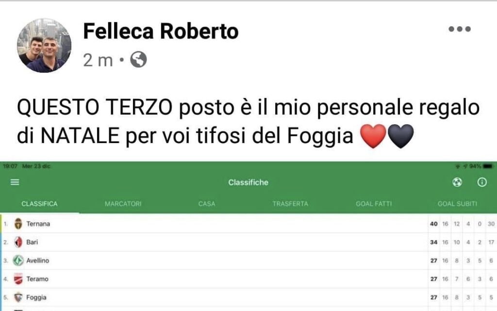 Foggia, Felleca: “Terzo posto regalo per i tifosi”