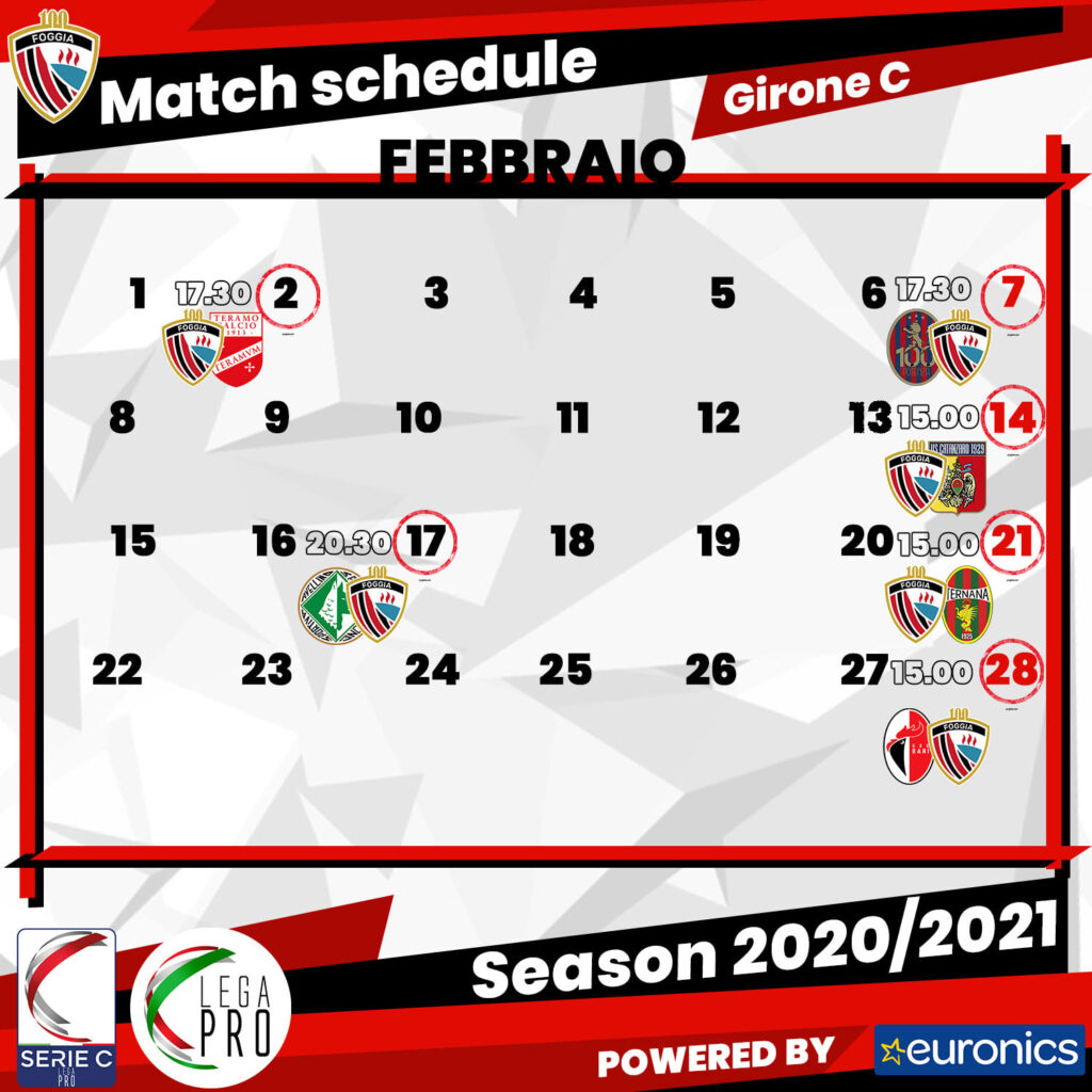 Calcio Foggia, febbraio di fuoco per i rossoneri. Date e orari