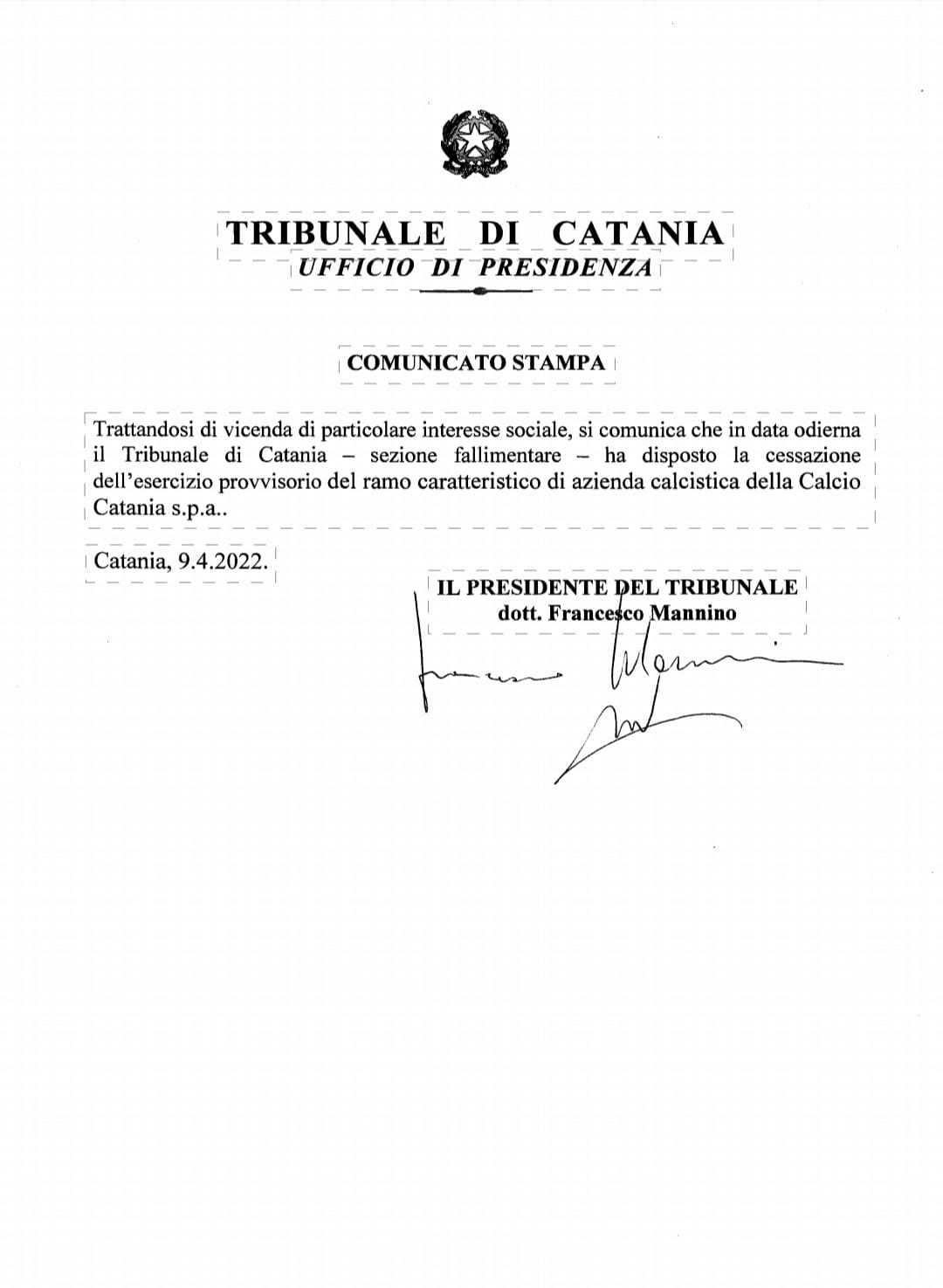 Cessazione esercizio provvisorio Calcio Catania